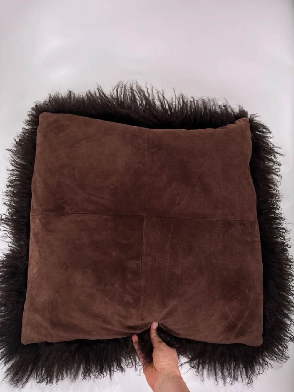 Real Mongolian Lamb Fur Throw Pillow Chocolate Brown Suede Backing 21x21